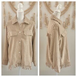 Shero houndstooth fringe jacket oversize shacket tan white neutral womens small